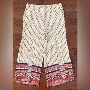 Others Follow Pants Sz L Beige w/Aztec/Floral Print Slit Legs Elastic Waist